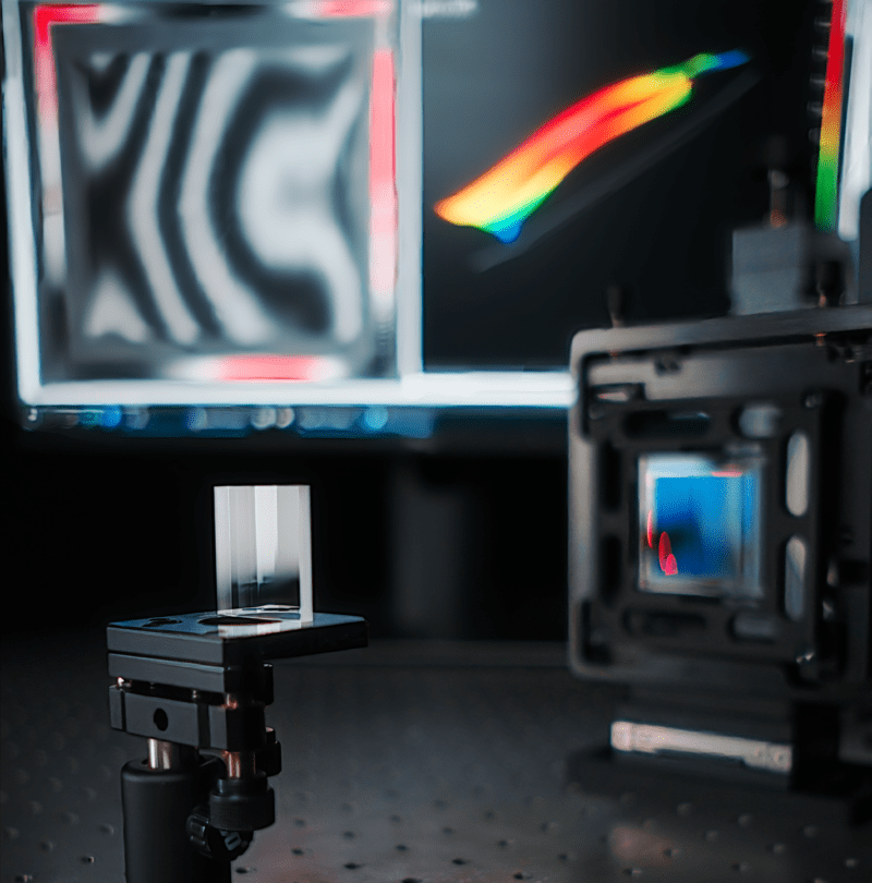 Cylinder optic being measure by a computer-generated hologram (CGH) metrology system with the fringe pattern and surface map on a computer screen in the background