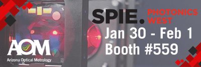 Details for AOM exhibiting at Photonics West in 2024 on top of an image of a computer-generated hologram (CGH) with light refracting through.