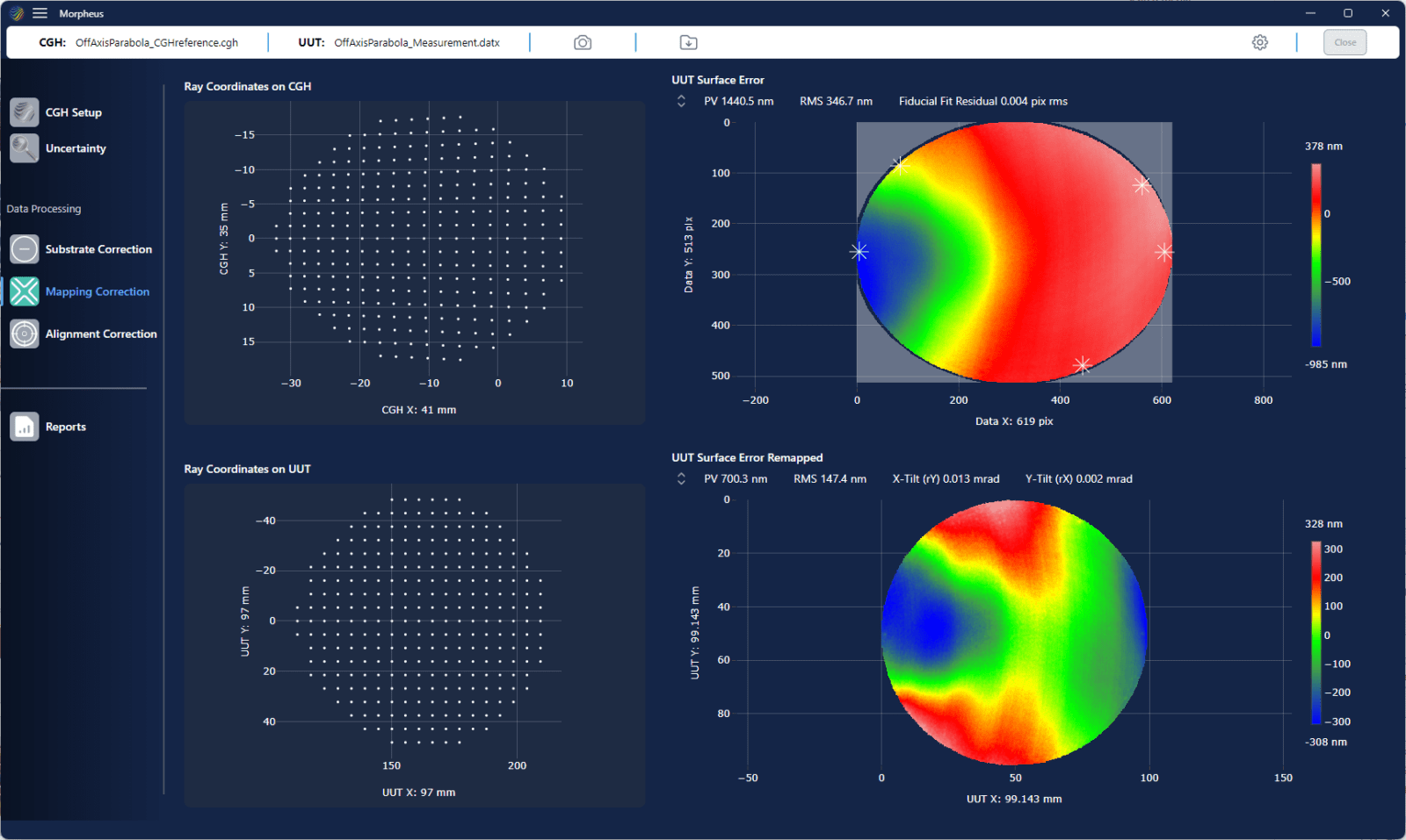 A screenshot of Morpheus mapping correction feature showing how it scales measurement data to part space for precise polishing feedback