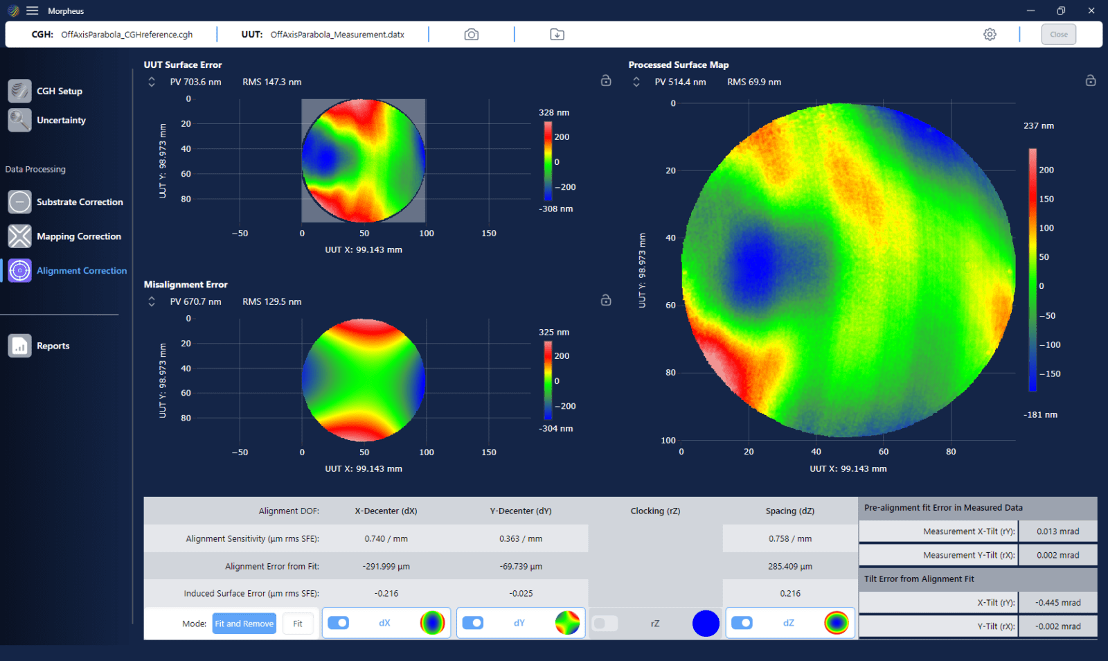 A screenshot of the Morpheus alignment correction feature removing CGH-to-UUT misalignment errors to improve accuracy